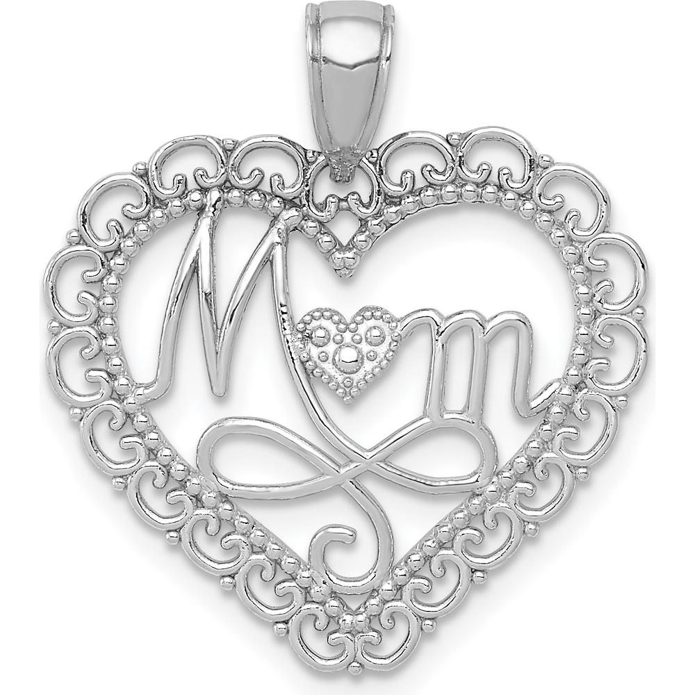 14K White Gold Polished MOM Scalloped Heart Pendant with Rhodium Plating by Oro Pregiato