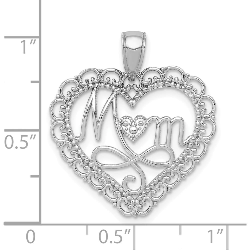 14K White Gold Polished MOM Scalloped Heart Pendant with Rhodium Plating by Oro Pregiato