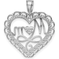 14K White Gold Polished MOM Scalloped Heart Pendant with Rhodium Plating by Oro Pregiato