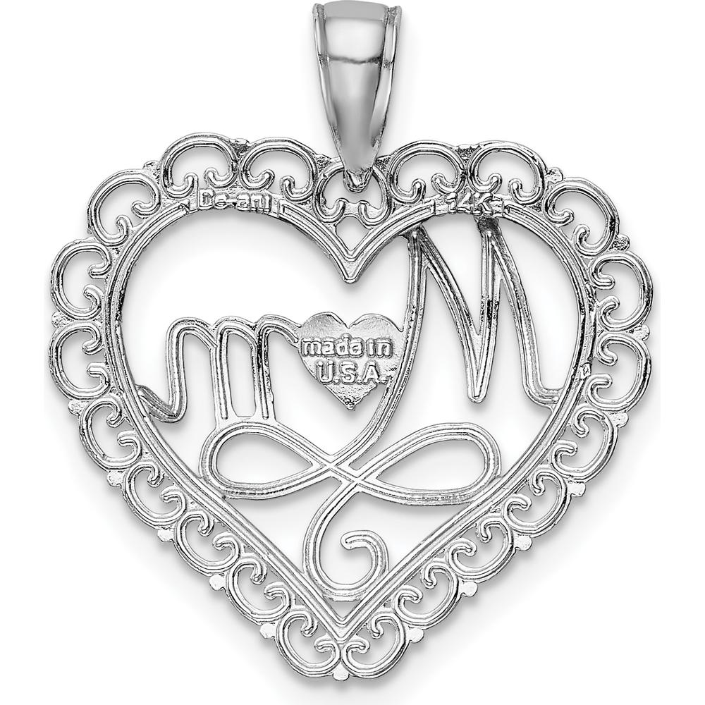 14K White Gold Polished MOM Scalloped Heart Pendant with Rhodium Plating by Oro Pregiato
