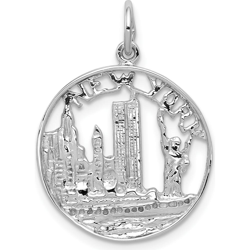 14K White Gold Polished New York Cityscape Charm with Statue of Liberty Design by Oro Pregiato
