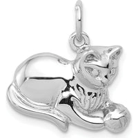 14K White Gold Polished Open-Backed Cat with Ball Charm - 18mm by Oro Pregiato