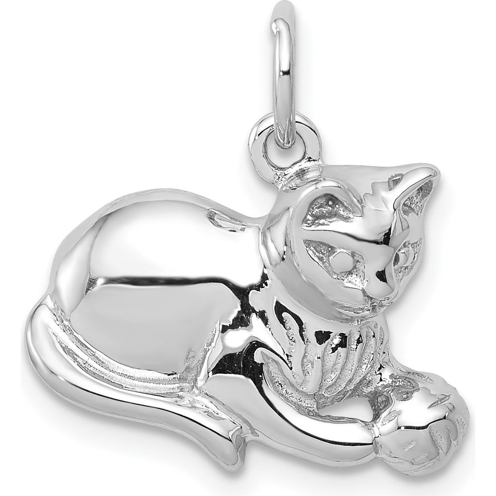 14K White Gold Polished Open-Backed Cat with Ball Charm - 18mm by Oro Pregiato