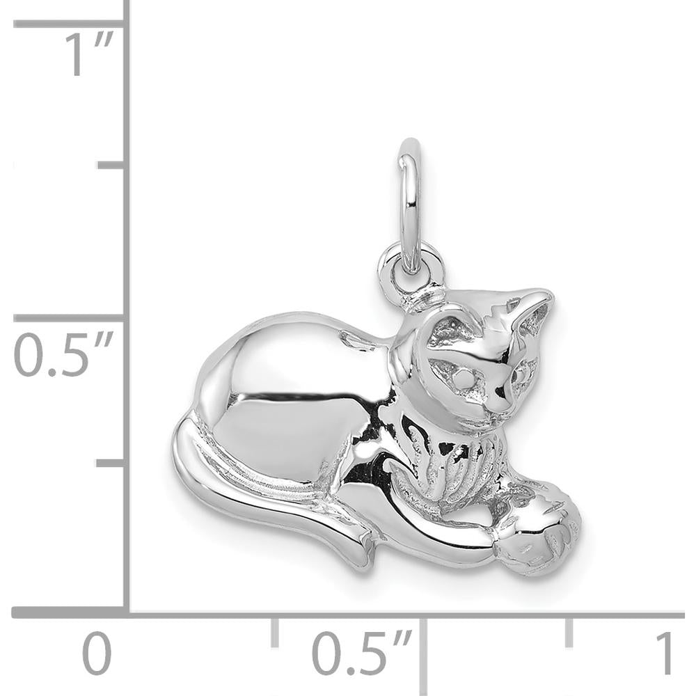 14K White Gold Polished Open-Backed Cat with Ball Charm - 18mm by Oro Pregiato