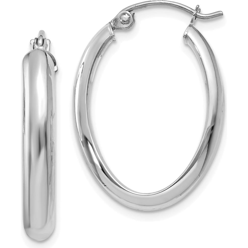 14K White Gold Polished Oval Hoop Earrings - 16mm Length, 3.5mm Thickness by 0