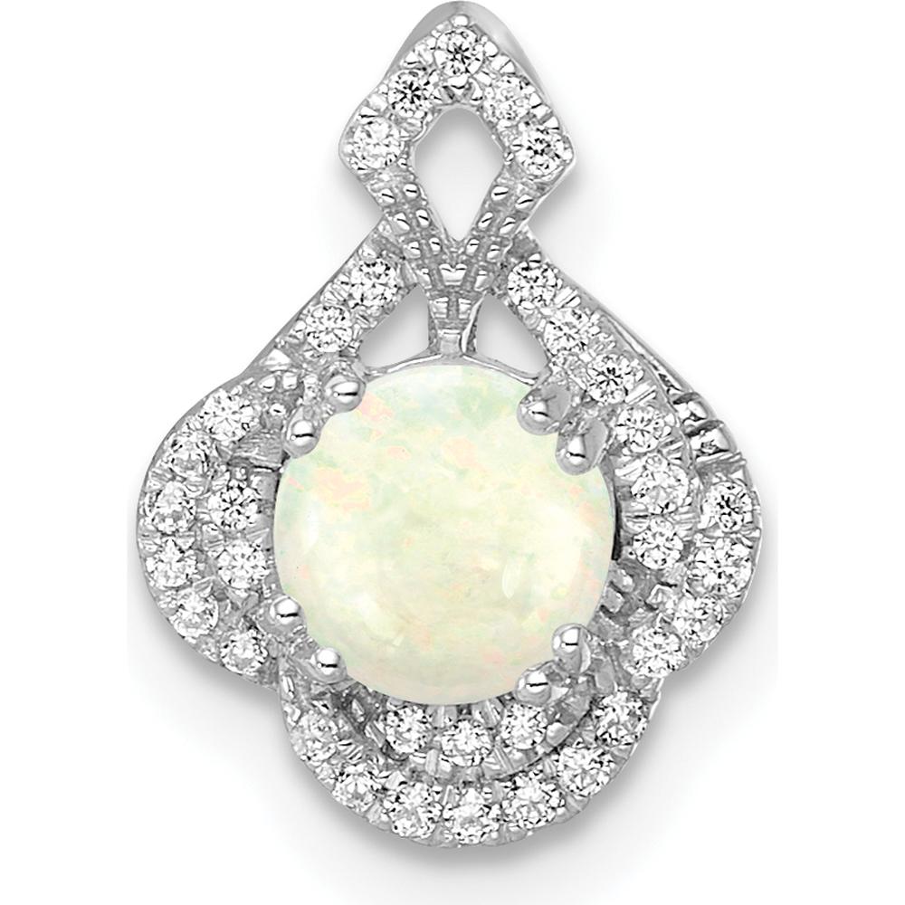 14K White Gold Polished Oval Opal and Diamond Vintage Chain Slide Pendant with 0.43 Carat Opal and 0.04 Carat Total Diamond Weight by Oro Pregiato