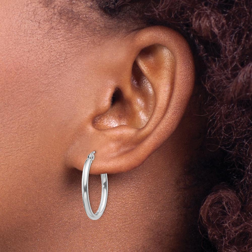 14K White Gold Polished Oval Tube Hoop Earrings - 24mm Length, 18mm Width by 0