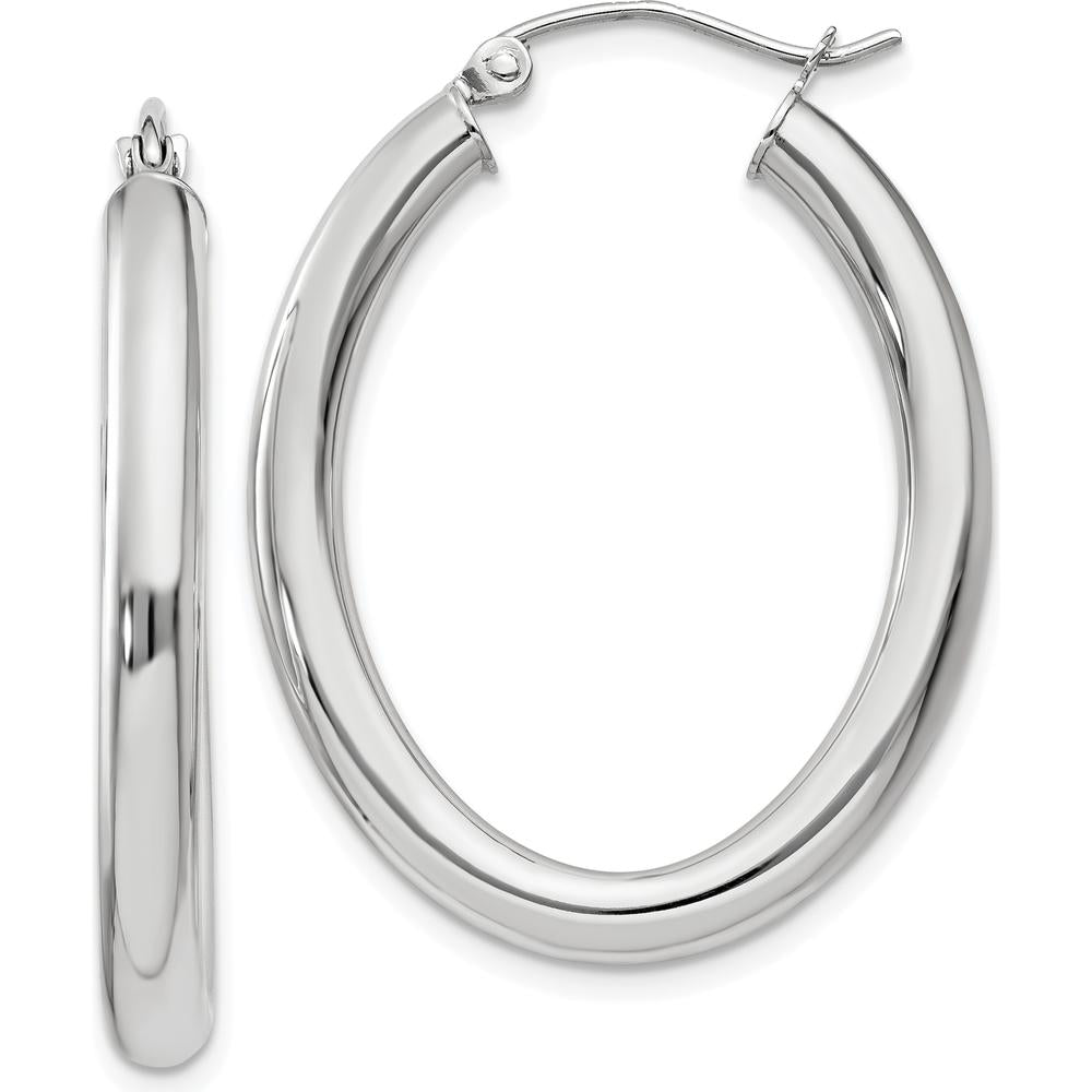 14K White Gold Polished Oval Tube Hoop Earrings - 32mm Length by 0
