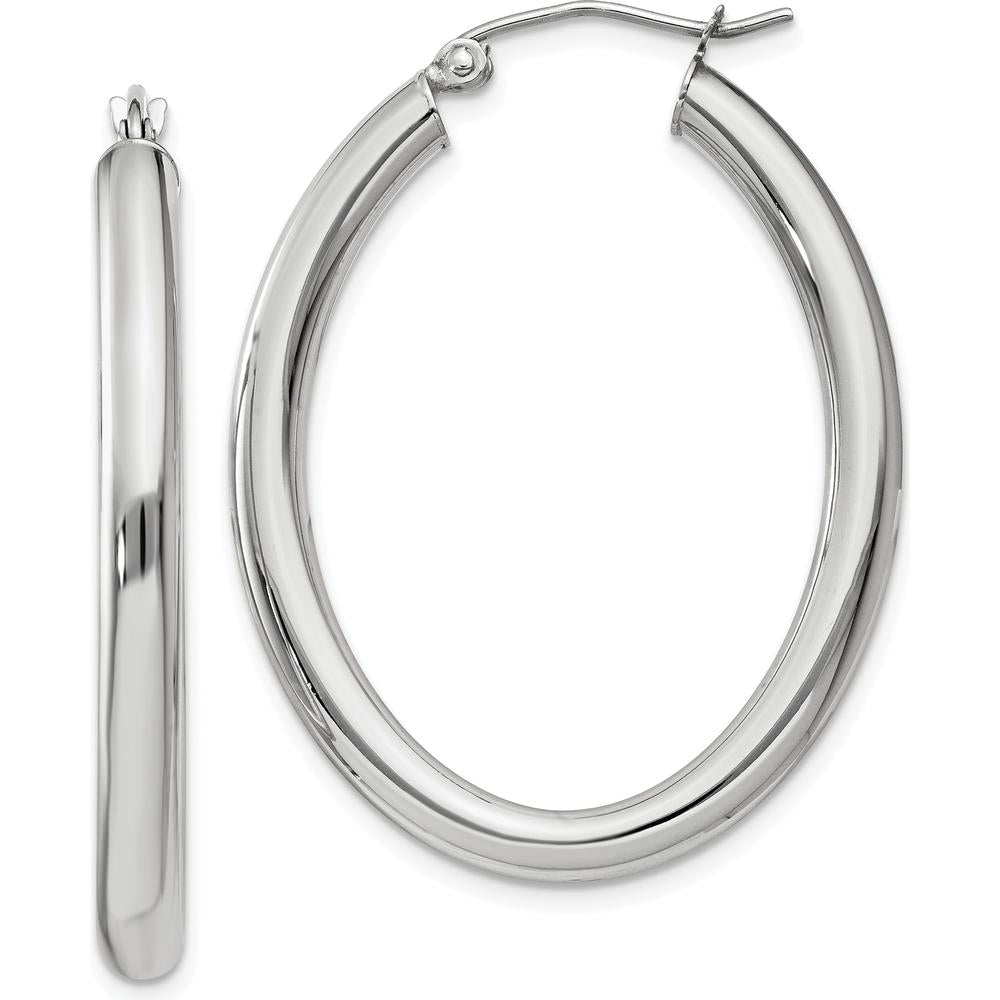 14K White Gold Polished Oval Tube Hoop Earrings - 37.8mm Length by 0