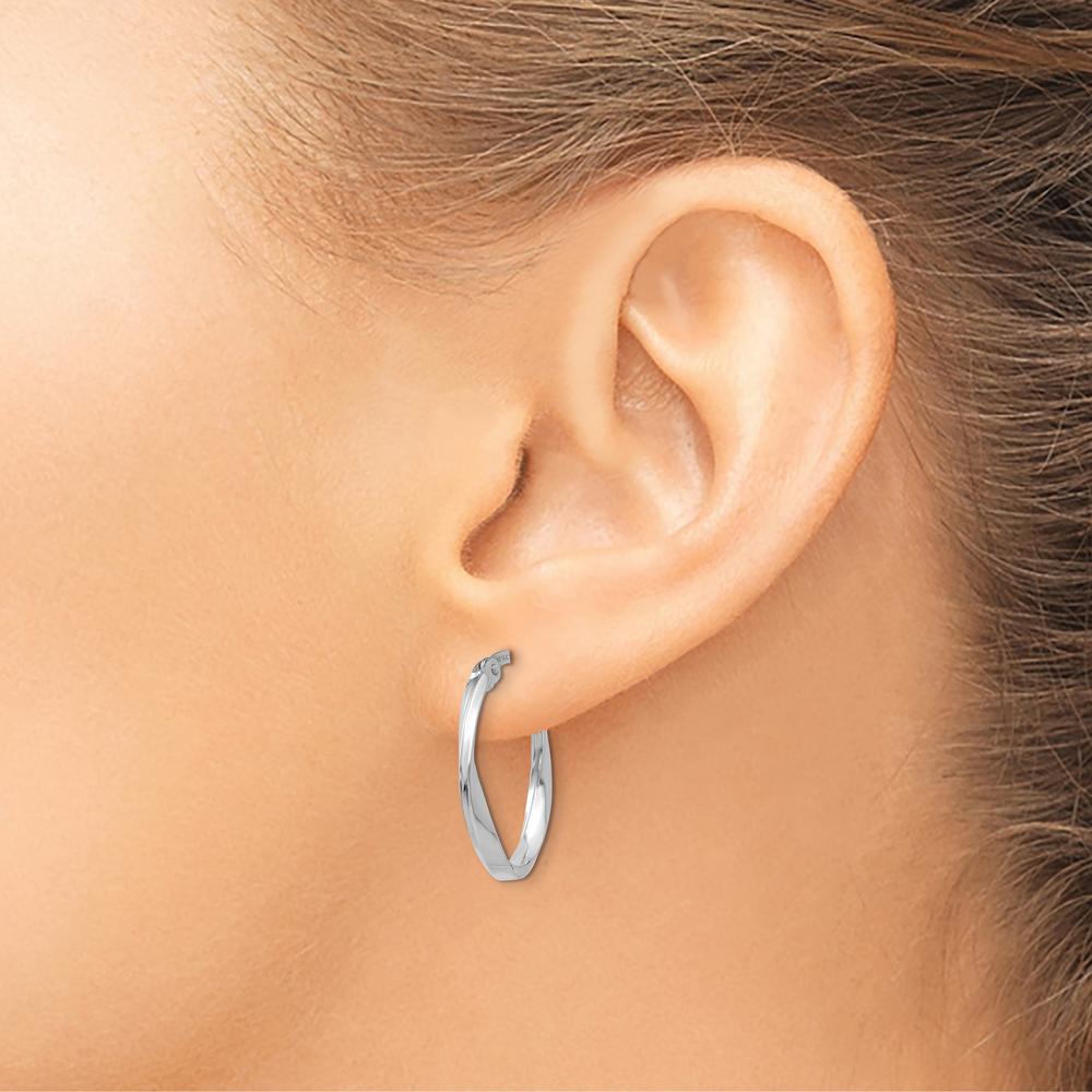14K White Gold Polished Oval Twist Hoop Earrings - Elegant and Timeless Design by 0