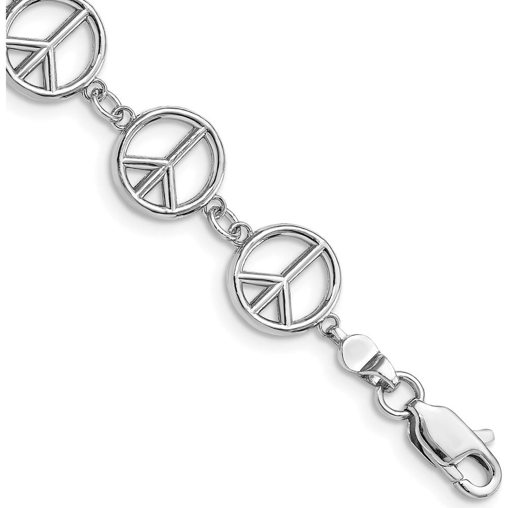 14K White Gold Polished Peace Sign Bracelet - 7.5" Length with Rhodium Finish by Oro Pregiato