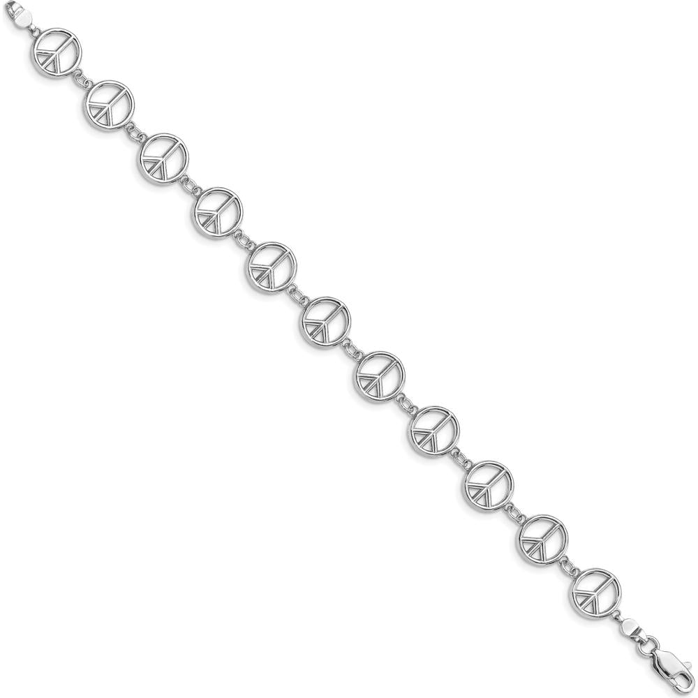 14K White Gold Polished Peace Sign Bracelet - 7.5" Length with Rhodium Finish by Oro Pregiato