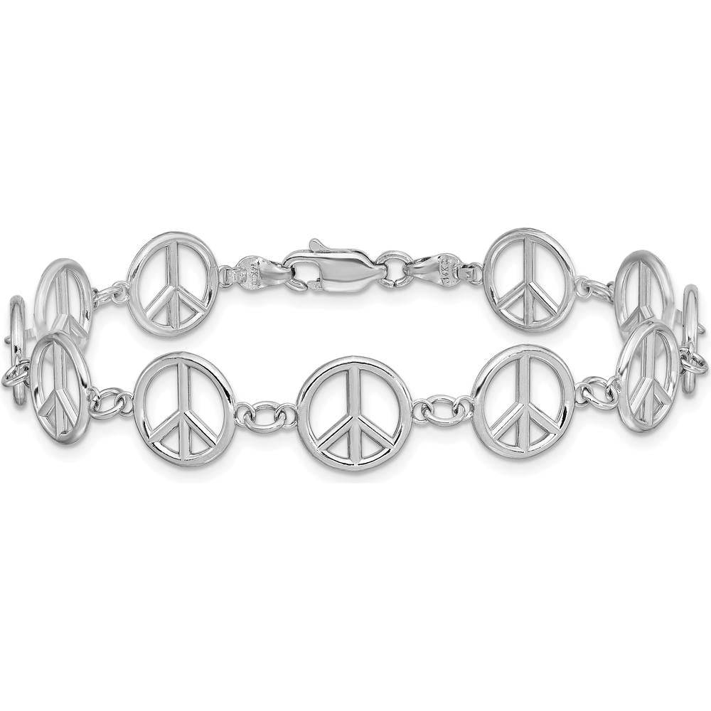 14K White Gold Polished Peace Sign Bracelet - 7.5" Length with Rhodium Finish by Oro Pregiato