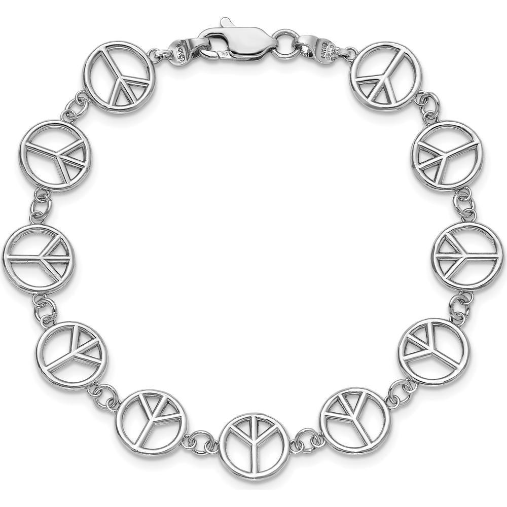 14K White Gold Polished Peace Sign Bracelet - 7.5" Length with Rhodium Finish by Oro Pregiato