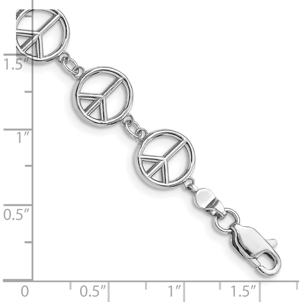 14K White Gold Polished Peace Sign Bracelet - 7.5" Length with Rhodium Finish by Oro Pregiato