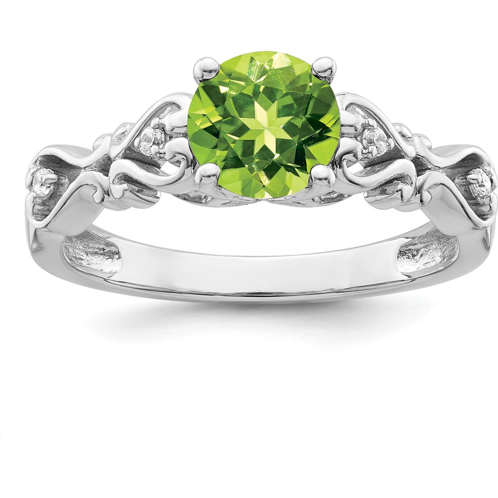14K White Gold Polished Peridot and Diamond Ring with Round Cut Peridot - 1 Carat Gemstone and 0.019 Carat Total Diamond Weight by 0