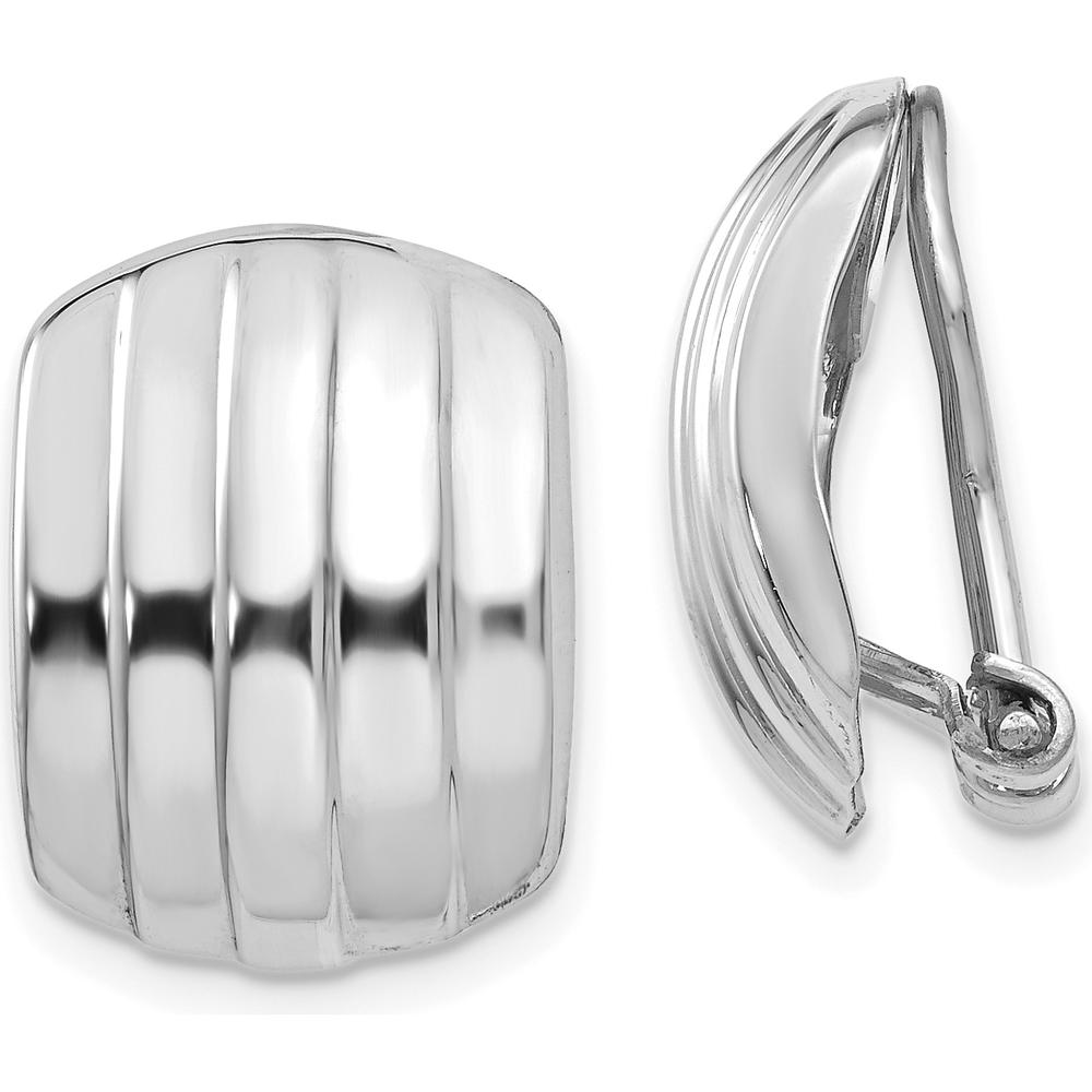 14K White Gold Polished Ribbed Non-Pierced Omega Back Earrings by Oro Pregiato