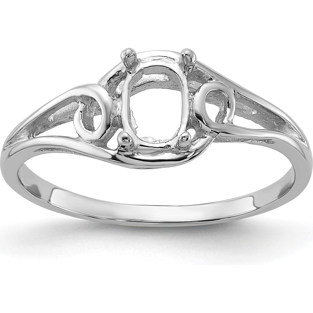 14K White Gold Polished Ring Mounting for 6x4mm Oval Gemstone with Open Scroll Design by Monteluci Fine Jewelry
