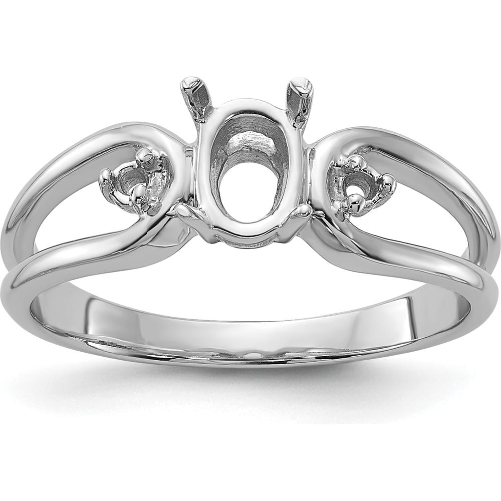 14K White Gold Polished Ring Mounting for Oval Gemstone - 6x4mm Size, Rhodium Plated Finish by Oro Pregiato