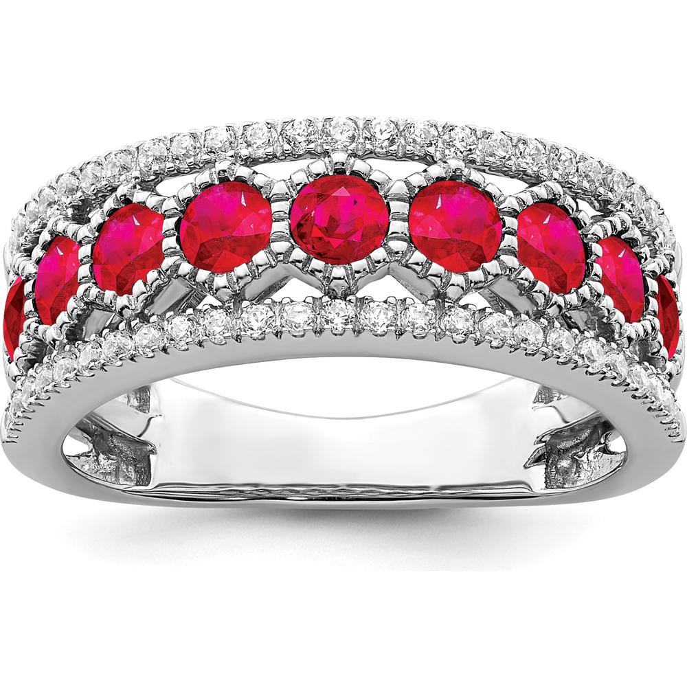 14K White Gold Polished Ruby and Diamond Ring with 9 Round Rubies and 50 Round Diamonds - 0.71 Carat Total Ruby Weight by 0