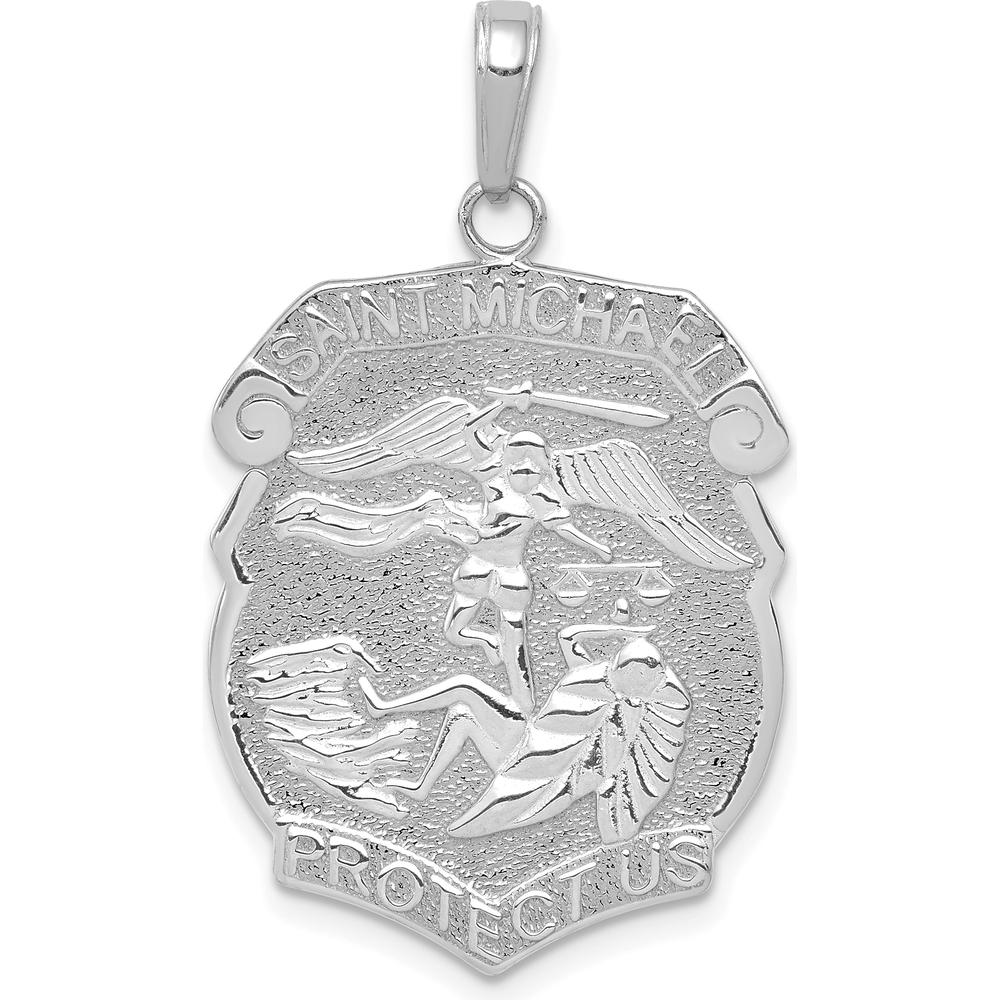 14K White Gold Polished Saint Michael Protect Us Medal Pendant - Solid, Rhodium-Plated Design by Oro Pregiato