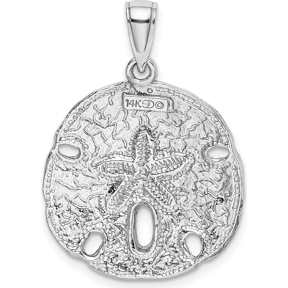 14K White Gold Polished Sand Dollar Charm Pendant - Textured Beach Motif by Oro Pregiato
