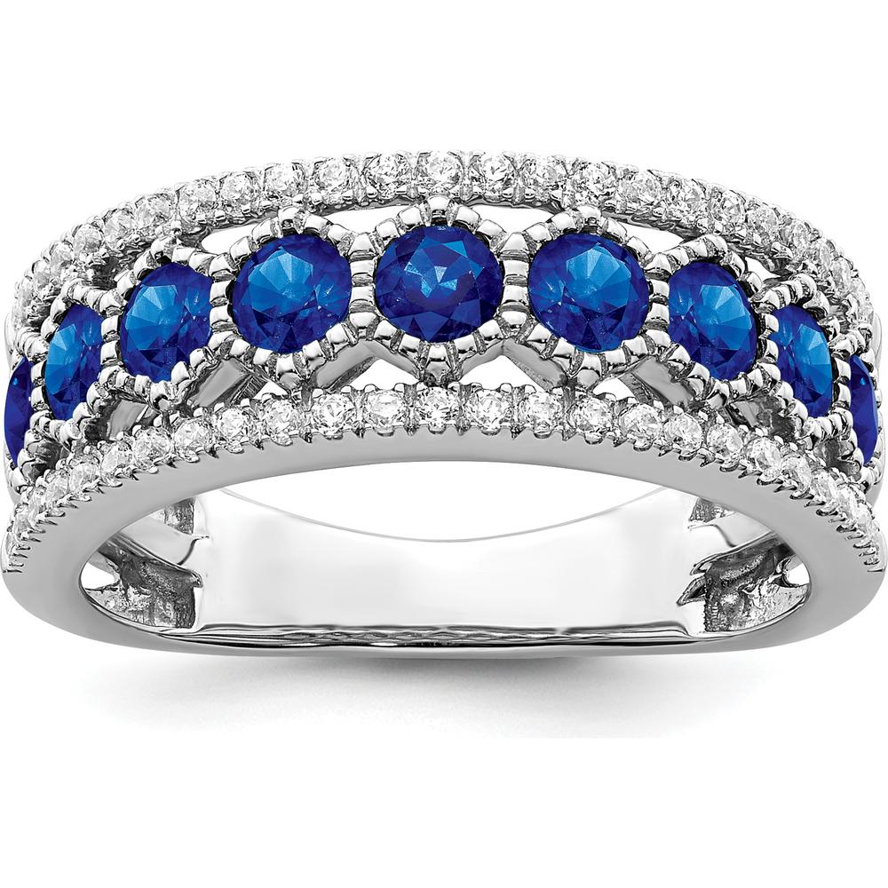 14K White Gold Polished Sapphire and Diamond Ring with 9 Round Sapphires and 50 Round Diamonds - 0.174 Carat Total Sapphire Weight by 0