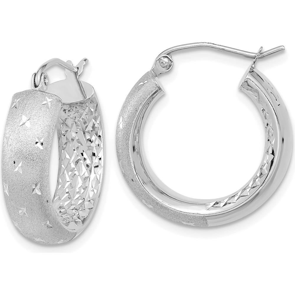 14K White Gold Polished, Satin & Diamond-Cut In/Out Hoop Earrings - 20.83mm Length by 0