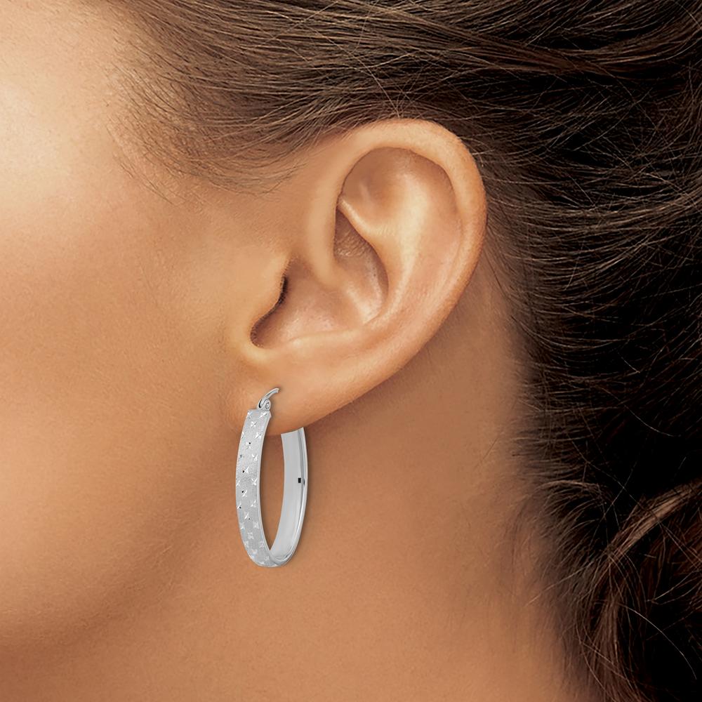 14K White Gold Polished Satin Diamond-cut Hoop Earrings - 28.91mm Length by 0