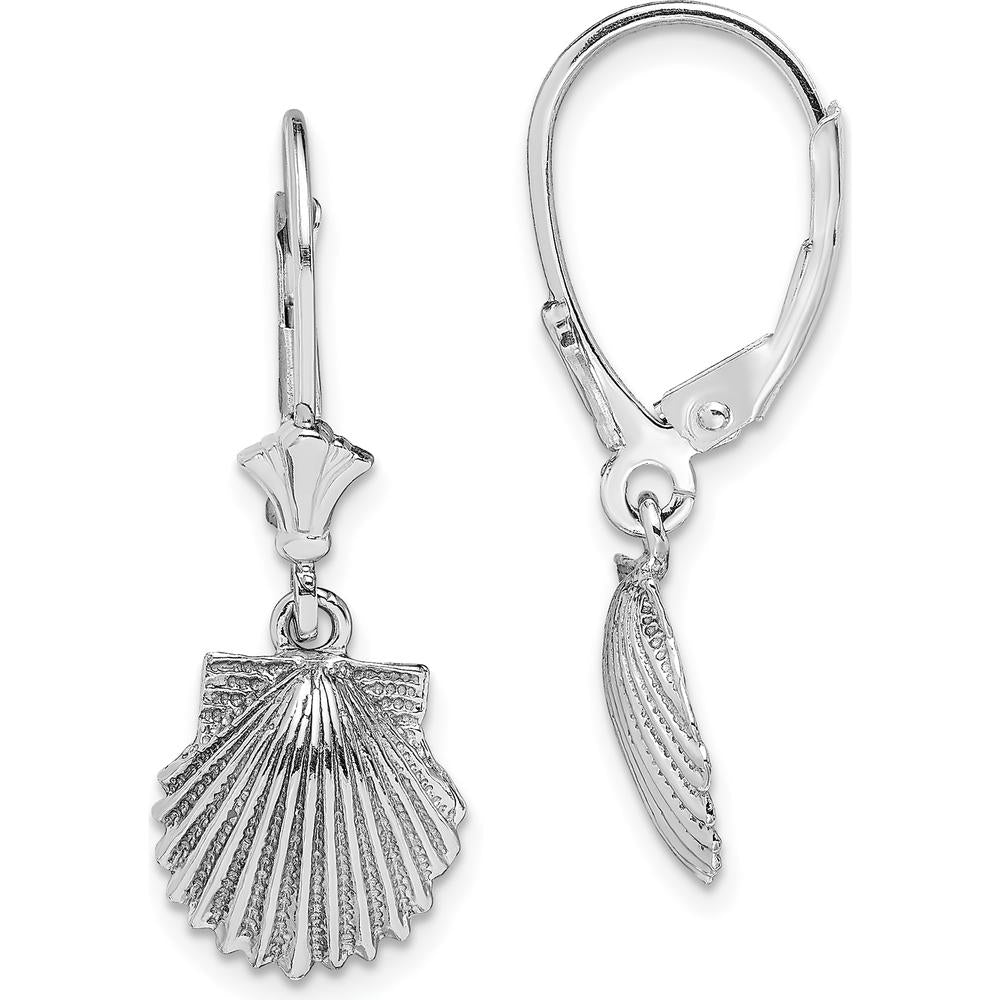 14K White Gold Polished Scallop Shell Leverback Drop Earrings by 0