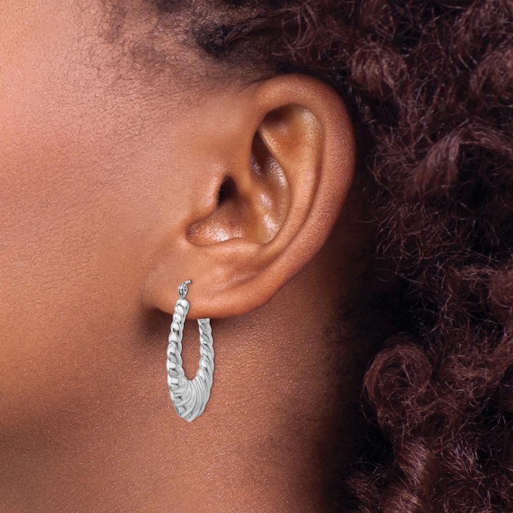 14K White Gold Polished Scalloped Hoop Earrings - 14mm Length, 4mm Width by Oro Pregiato