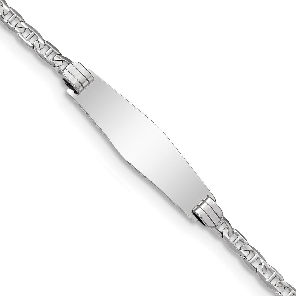 14K White Gold Polished Semi-Solid Anchor Link 8" ID Bracelet with Engravable Plate - Rhodium Plated by Oro Pregiato