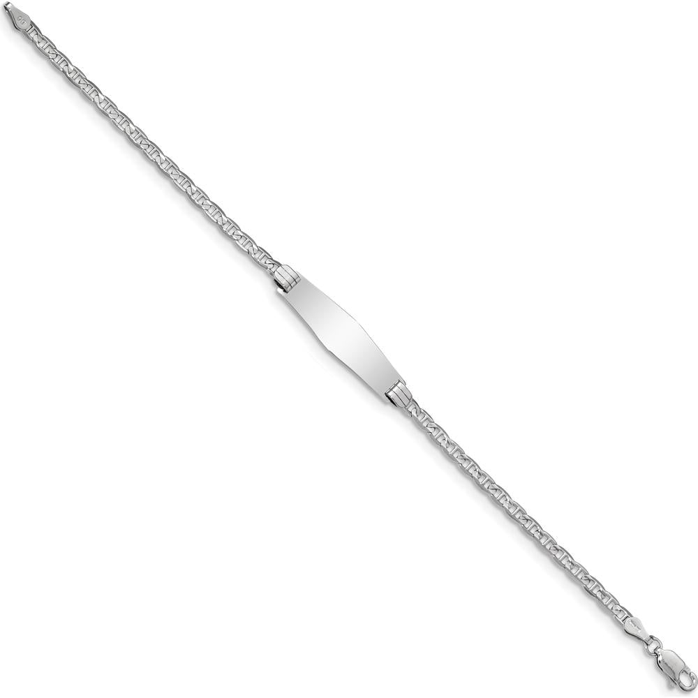 14K White Gold Polished Semi-Solid Anchor Link 8" ID Bracelet with Engravable Plate - Rhodium Plated by Oro Pregiato