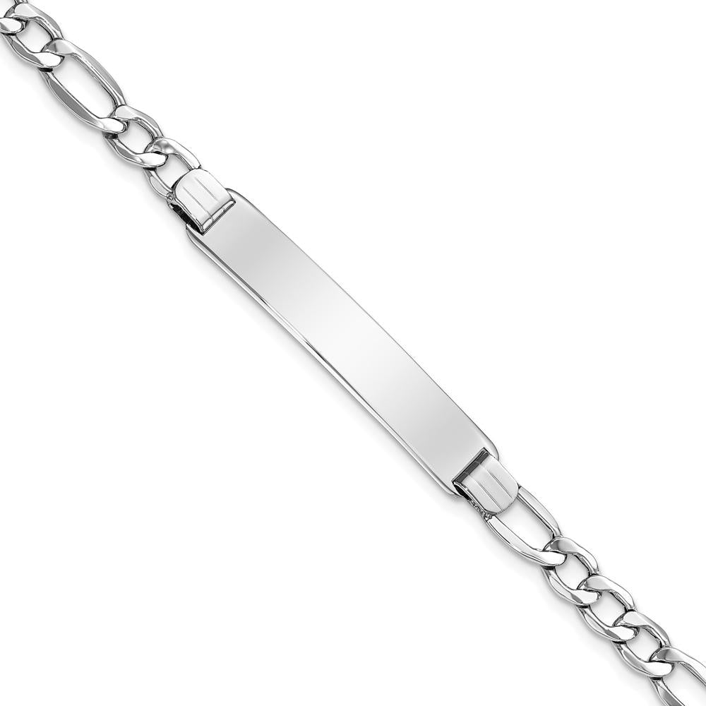 14K White Gold Polished Semi-Solid Chain Figaro Link ID Bracelet with 35x7mm Plate - 8" Length by Oro Pregiato