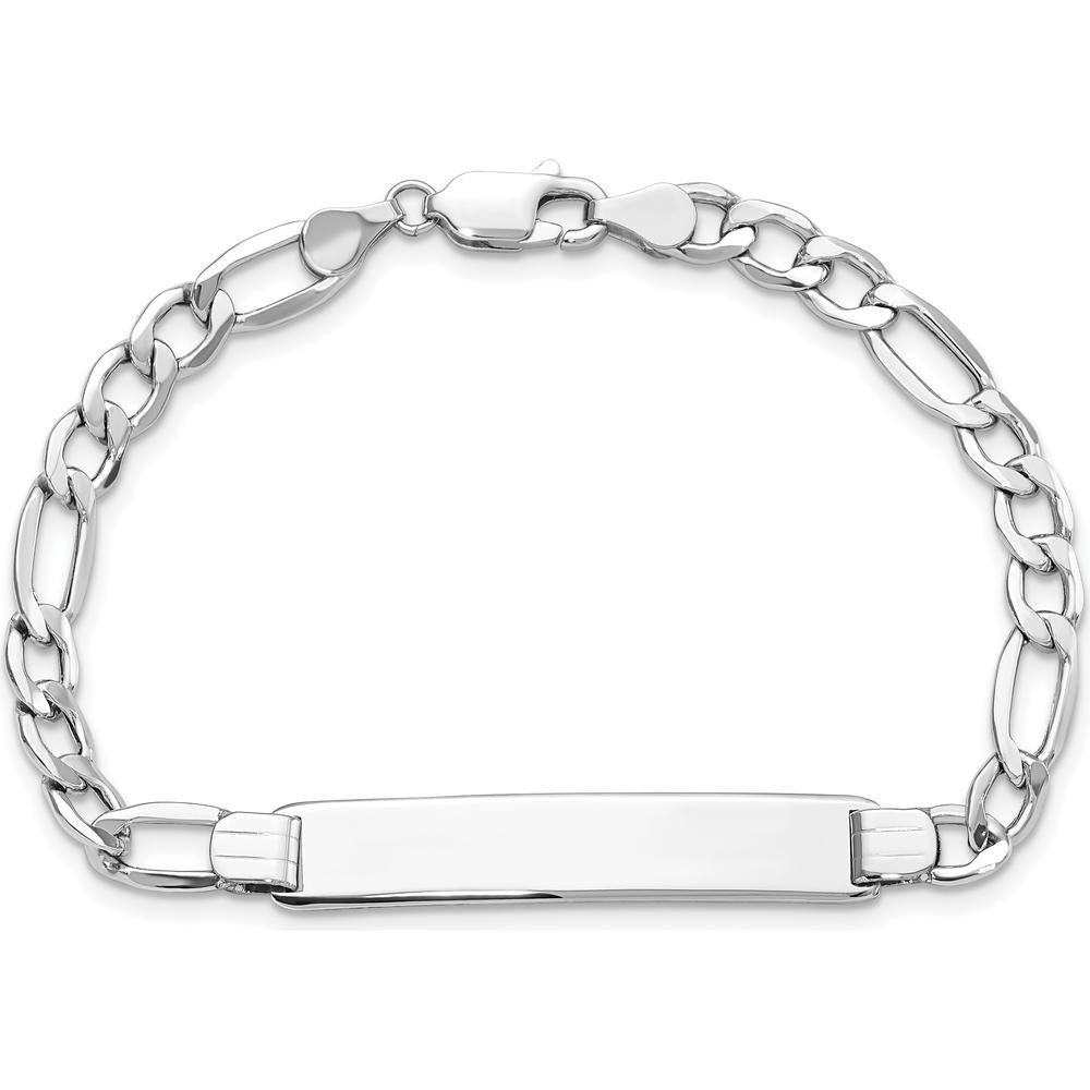 14K White Gold Polished Semi-Solid Chain Figaro Link ID Bracelet with 35x7mm Plate - 8" Length by Oro Pregiato