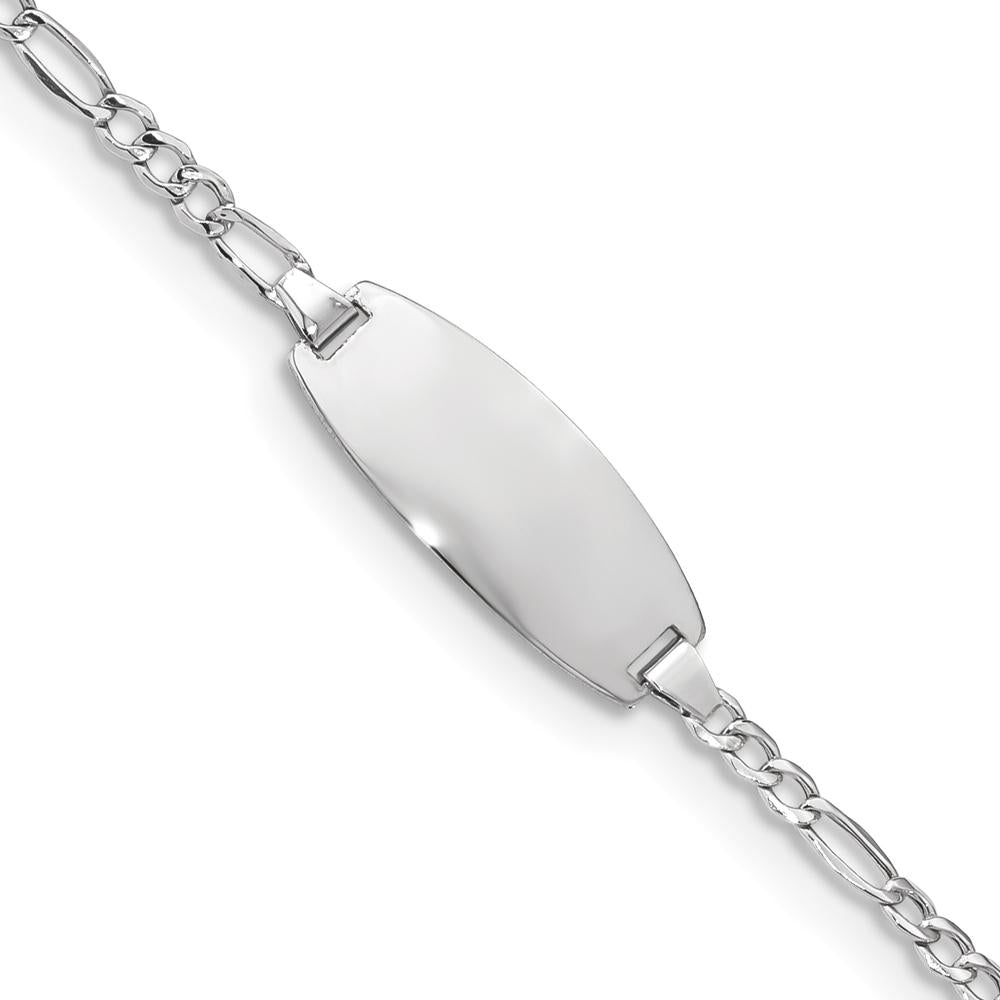14K White Gold Polished Semi-Solid Figaro Link Baby/Child ID Bracelet with Oval Plate - 6" Length by Oro Pregiato