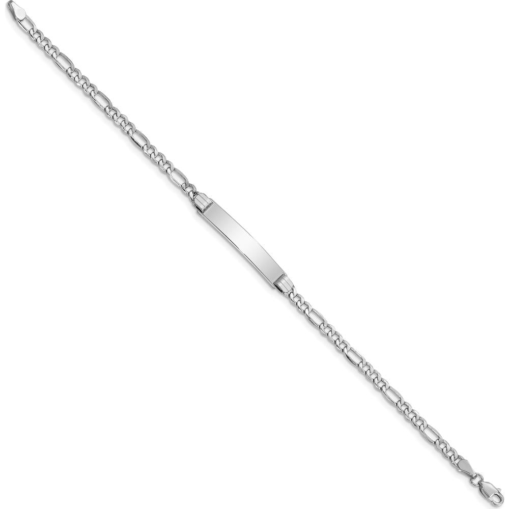 14K White Gold Polished Semi-Solid Figaro Link ID Bracelet - 8" Length, Engravable Plate by Oro Pregiato
