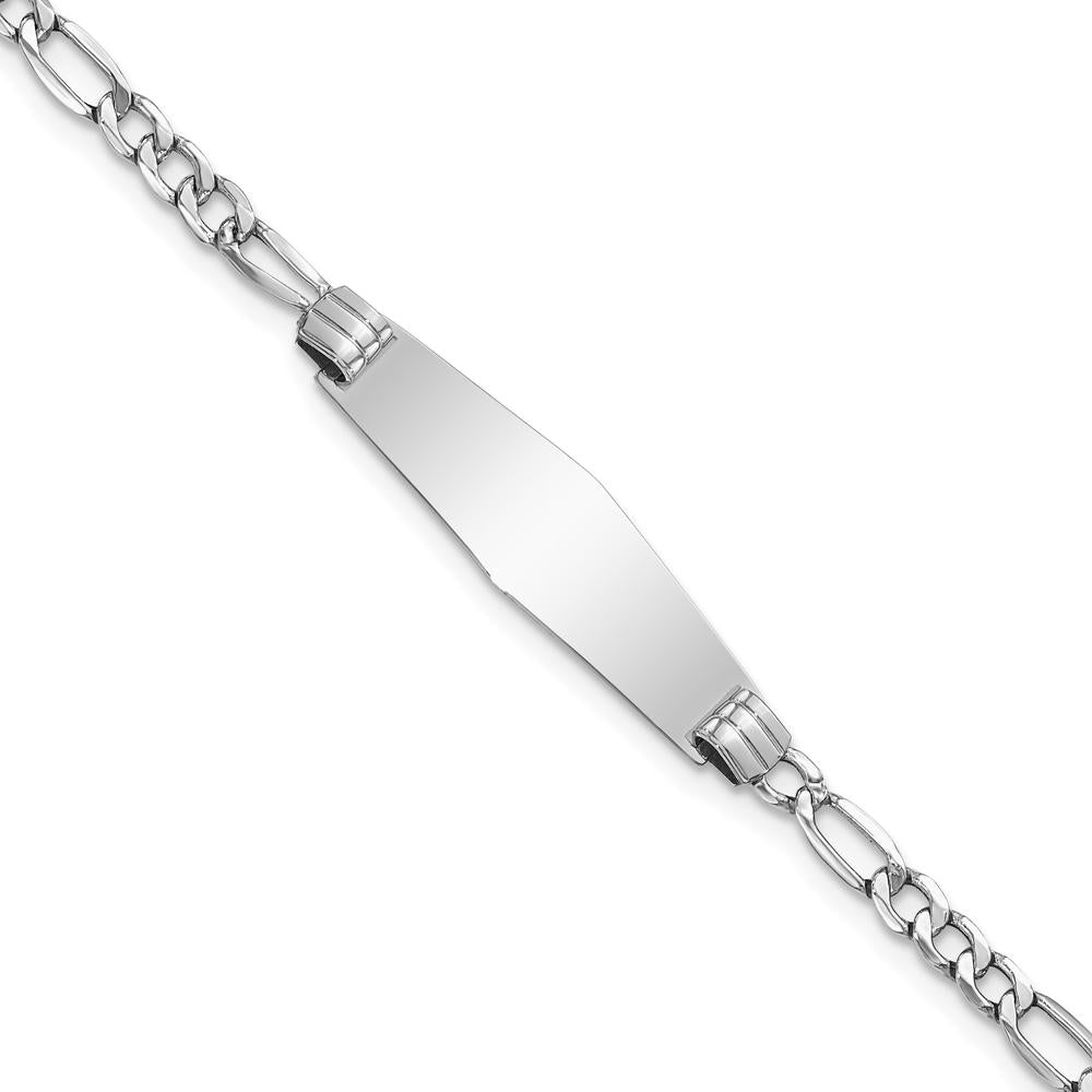 14K White Gold Polished Semi-Solid Figaro Link ID Bracelet with Diamond Shape Plate - 8 Inches by Oro Pregiato