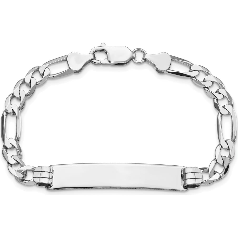 14K White Gold Polished Solid Chain Figaro Link ID Bracelet - 8" with Engravable Solid Plate by Oro Pregiato