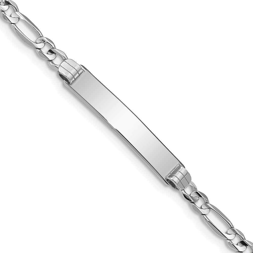 14K White Gold Polished Solid Chain Figaro Link ID Bracelet with Engravable Plate - 8" Length by Oro Pregiato