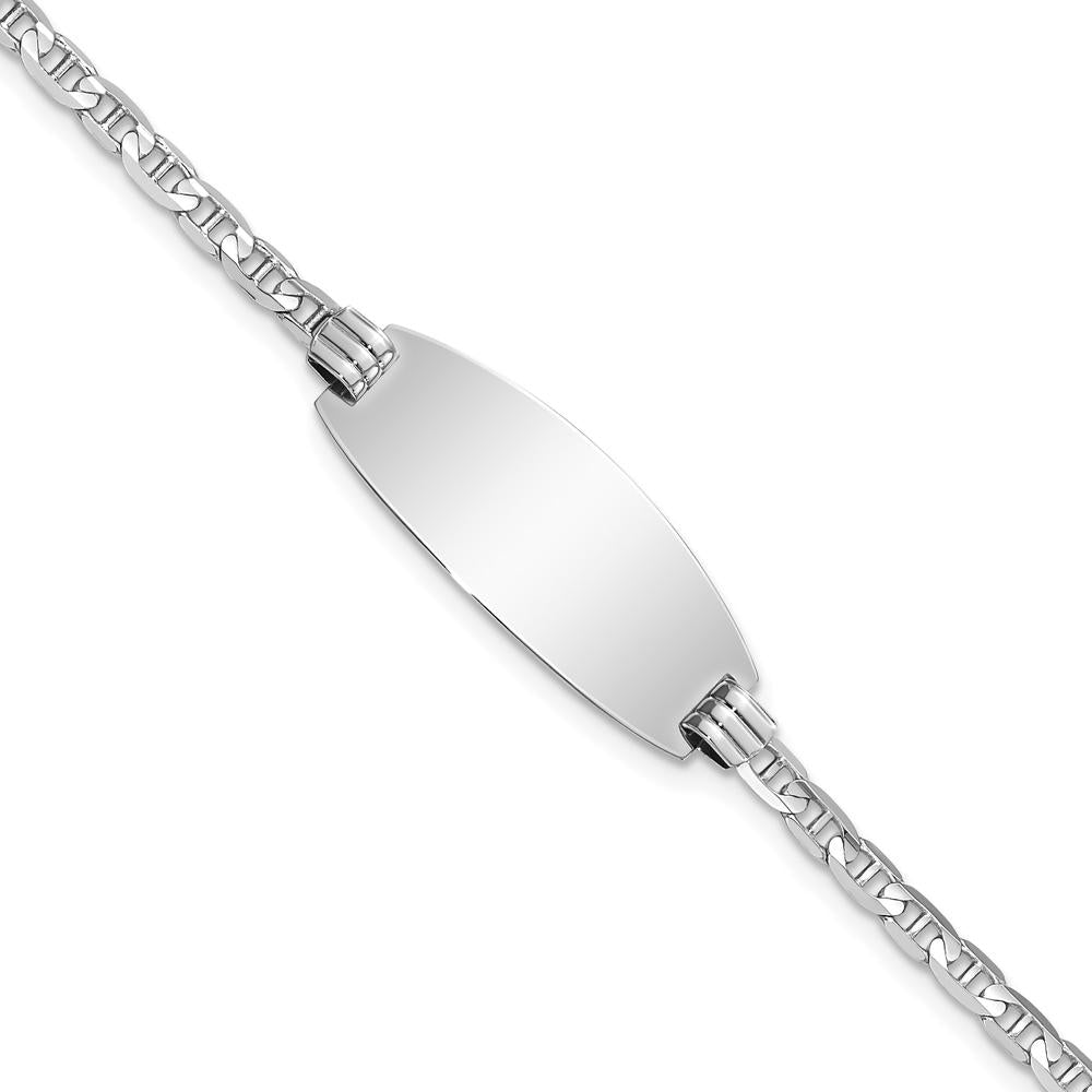 14K White Gold Polished Solid Chain ID Bracelet with Engravable Oval Plate - 7" Length by Oro Pregiato