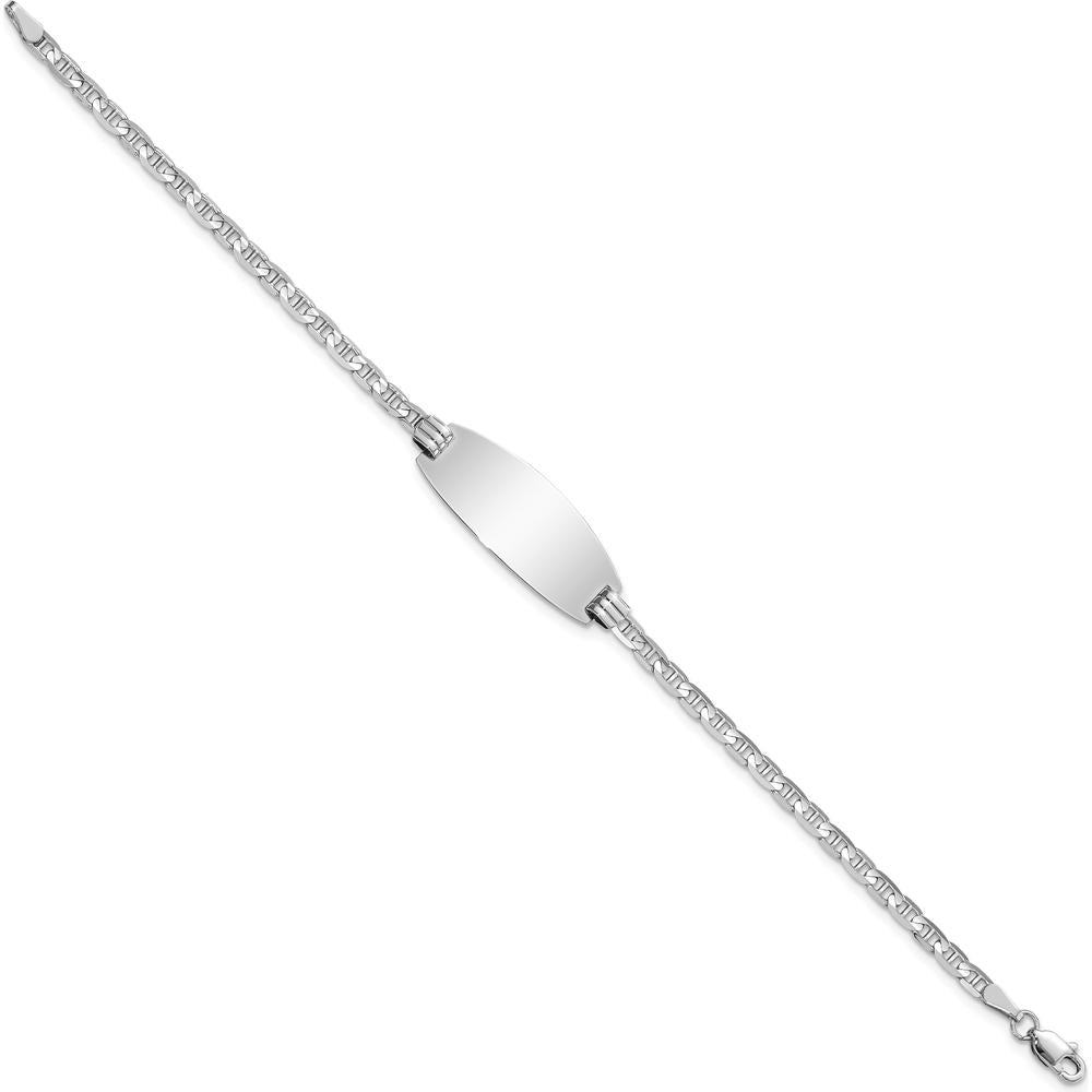 14K White Gold Polished Solid Chain ID Bracelet with Engravable Oval Plate - 7" Length by Oro Pregiato
