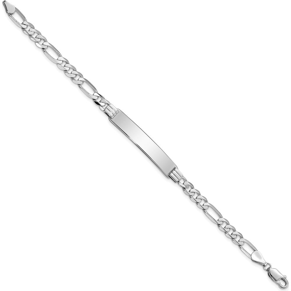 14K White Gold Polished Solid Figaro Link ID Bracelet with Engravable Plate - 8" Length by Oro Pregiato