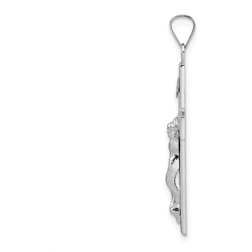 14K White Gold Polished Solid INRI Striped Crucifix Pendant with Rhodium Plating - 34.6mm Length by Oro Pregiato