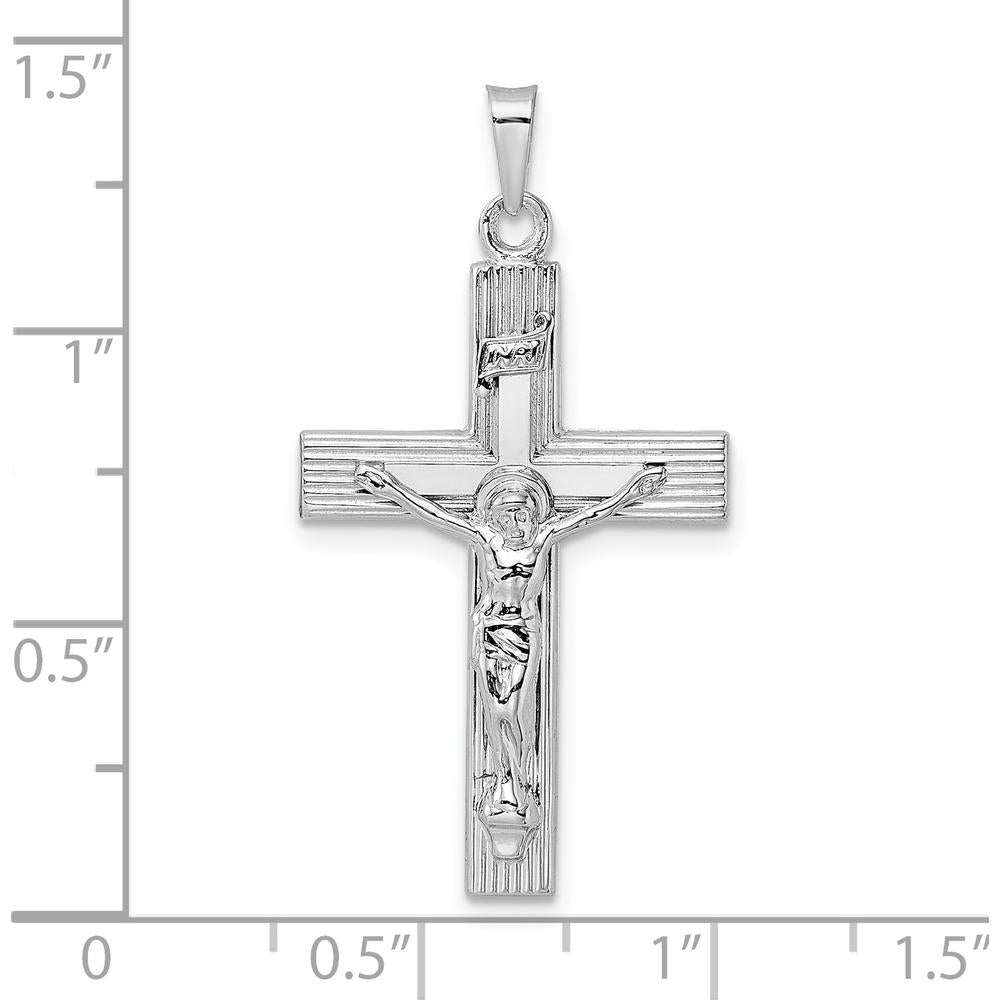 14K White Gold Polished Solid INRI Striped Crucifix Pendant with Rhodium Plating - 34.6mm Length by Oro Pregiato