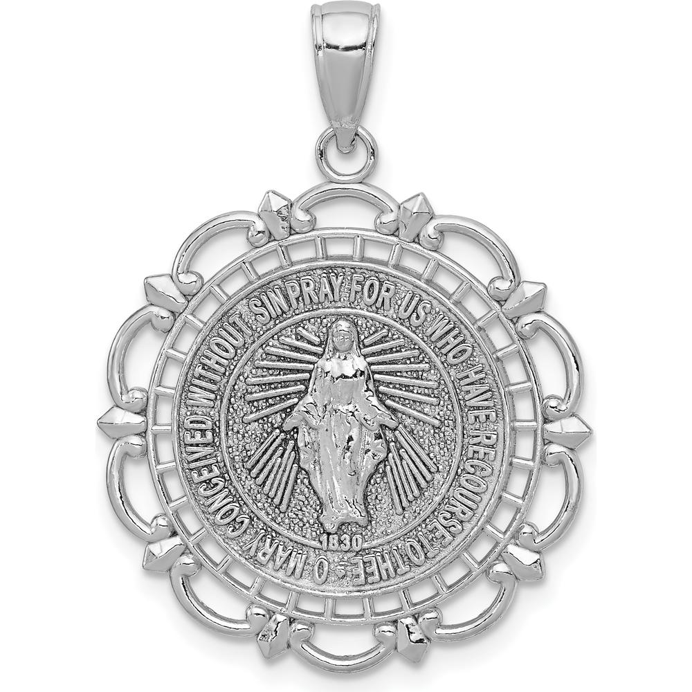 14K White Gold Polished Solid Large Miraculous Medal with Scallop Frame Round Pendant - 31mm Length, Rhodium Plated by Oro Pregiato