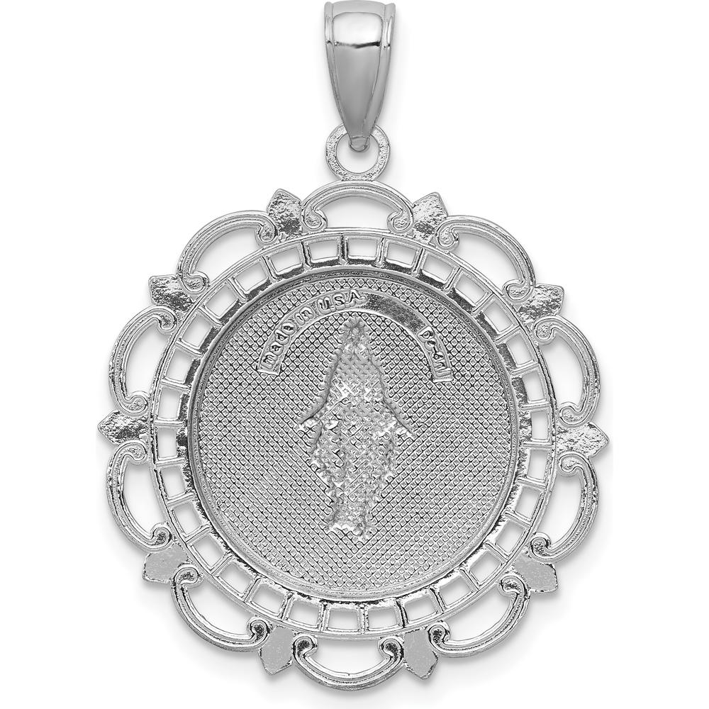 14K White Gold Polished Solid Large Miraculous Medal with Scallop Frame Round Pendant - 31mm Length, Rhodium Plated by Oro Pregiato