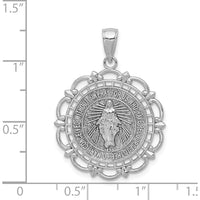 14K White Gold Polished Solid Large Miraculous Medal with Scallop Frame Round Pendant - 31mm Length, Rhodium Plated by Oro Pregiato
