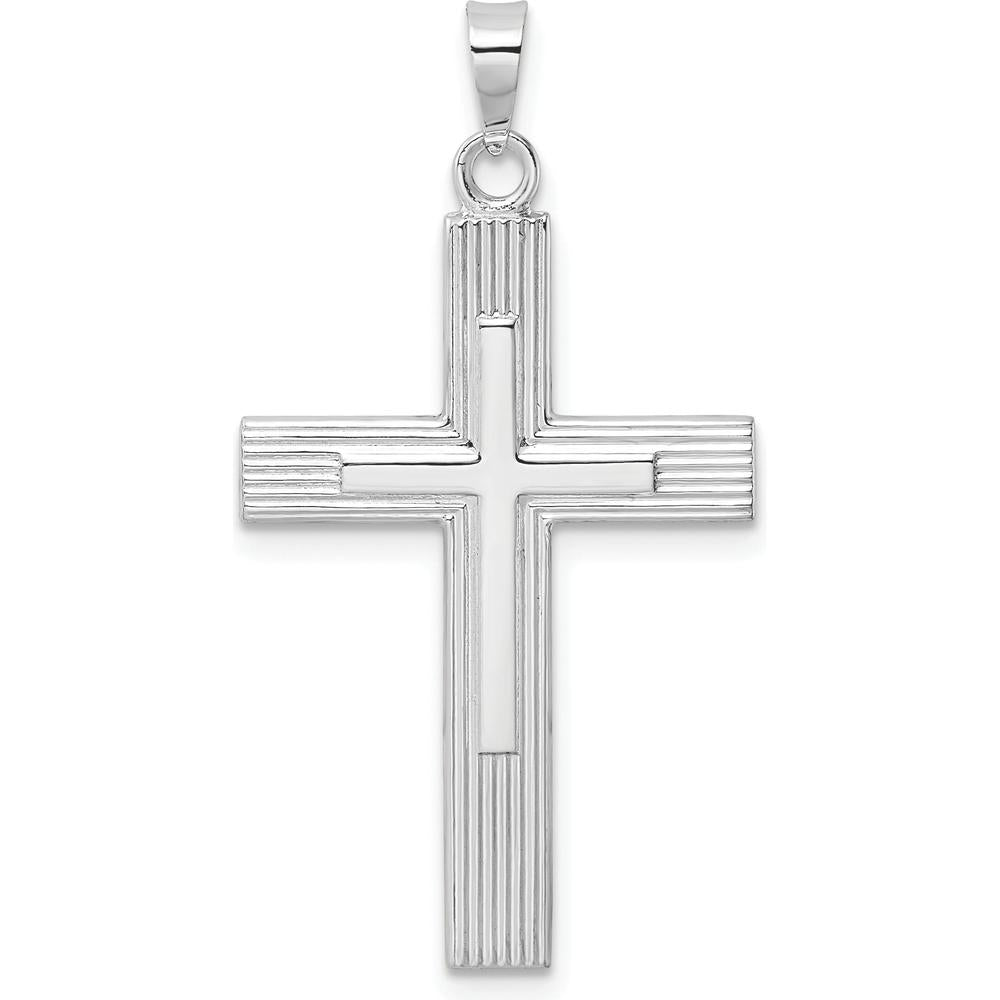 14K White Gold Polished Solid Striped Double Cross Pendant - Rhodium Plated by Oro Pregiato