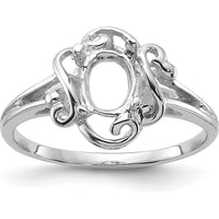 14K White Gold Polished Split Shank Ring Mounting with Ornate Scrollwork for 7x5mm Oval Gemstone by Monteluci Fine Jewelry
